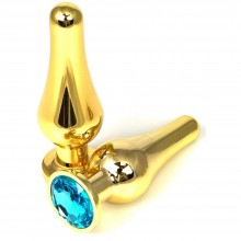 Золотистая удлиненная анальная пробка из металла с голубым кристаллом, Vandersex 400-TGBLS, цвет Голубой, длина 8 см.