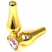 Золотистая удлиненная анальная пробка из металла с нежно-розовым кристаллом, Vandersex 400-TGPM1, цвет Розовый, длина 10 см.