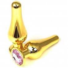 Золотистая удлиненная анальная пробка из металла с нежно-розовым кристаллом, Vandersex 400-TGPL1, длина 11.5 см.