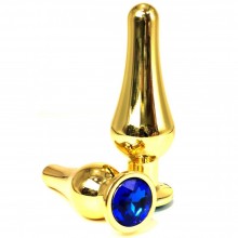Золотистая удлиненная анальная пробка из металла с синим кристаллом, Vandersex 400-TGBM, цвет Синий, длина 10 см.